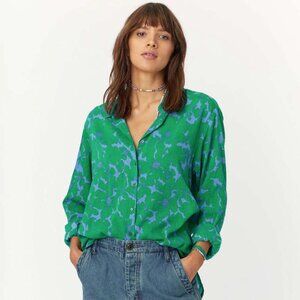 Xirena Beau Shirt in Ibiza Print Green and Blue Floral Long Sleeve Shirt Small